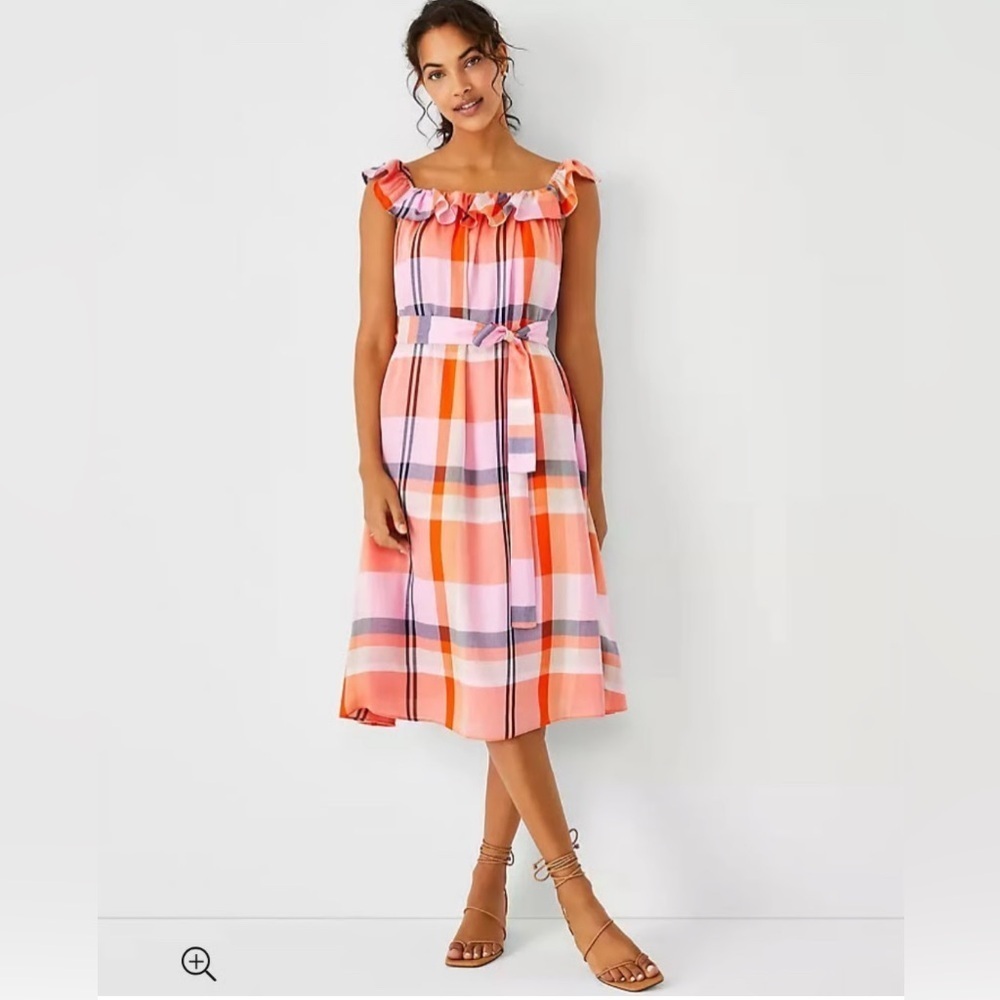 Ann Taylor Pink and Orange Plaid Midi Dress